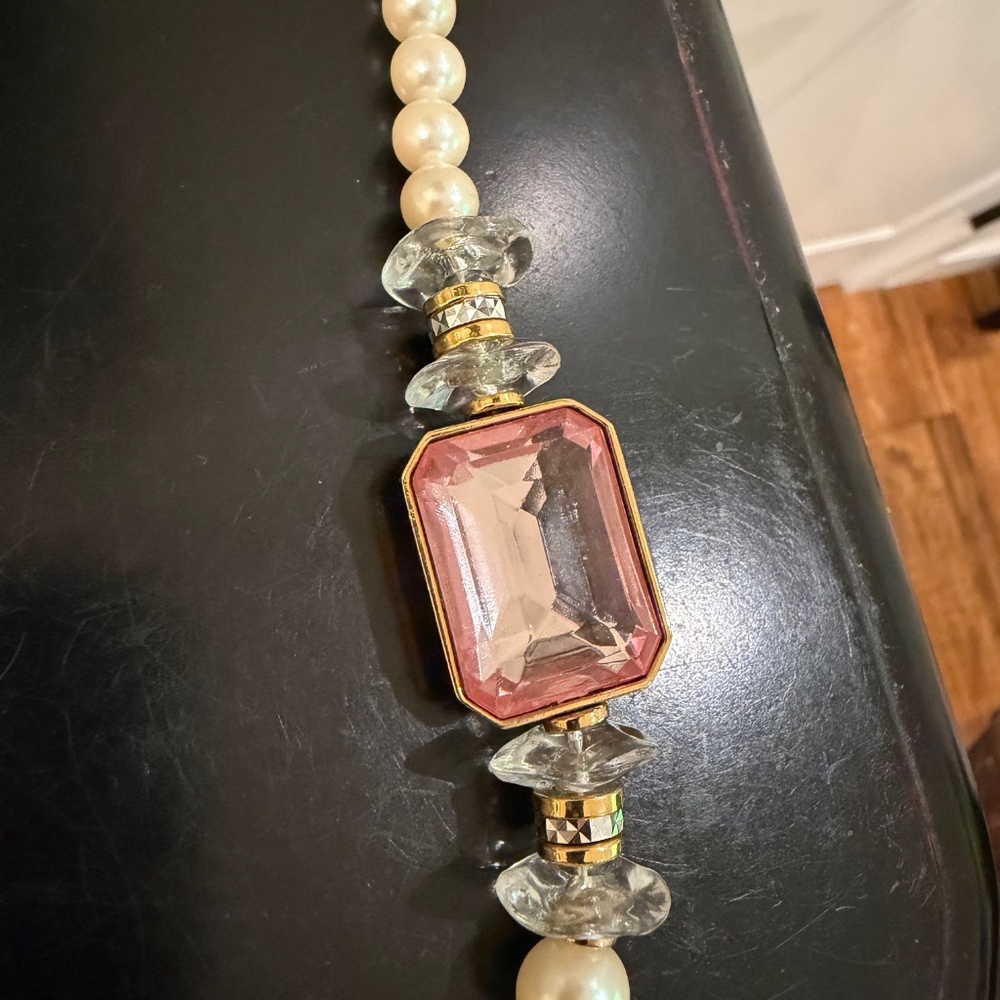 Vintage Pearl Necklace Pink Crystal  Embellishments Rare - Picture 7 of 9